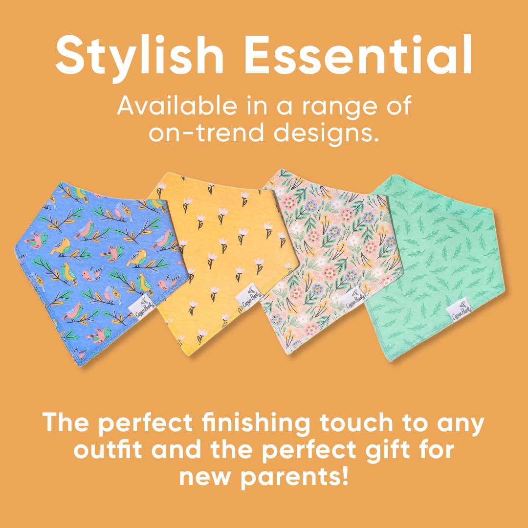 Copper Pearl 4 Pack Soft Cotton Baby Bibs for Drooling and Teething, Absorbent Drool Bibs for Baby Girl and Boy, Adjustable to Fit Newborns to Toddlers, Tons of Styles (Birdie)