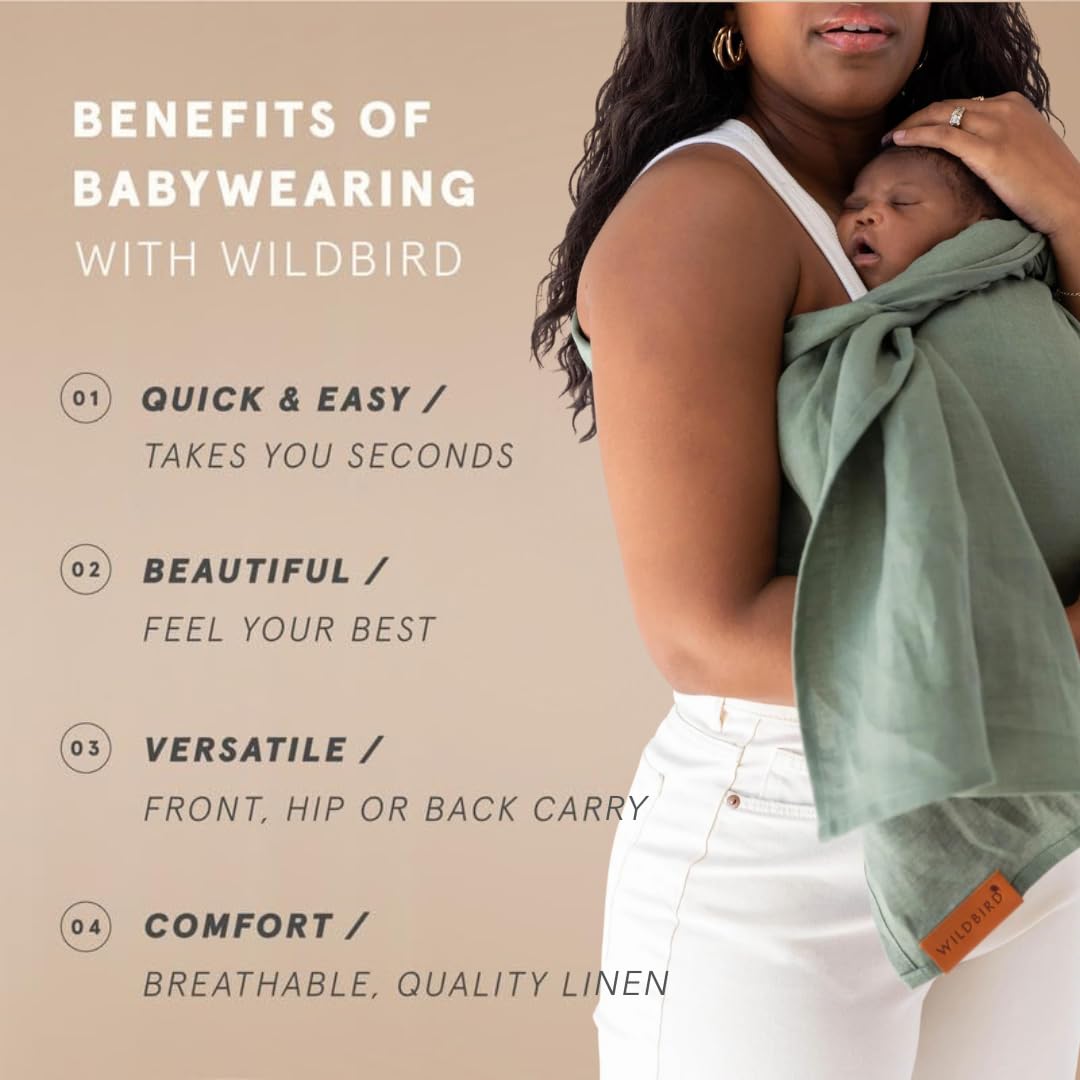 WildBird - Ring Sling Baby Carrier - Newborn to Up to 35 lbs - for Moms, Dads & Caregivers - 100% Natural European Linen Fibers - Versatile & Adjustable - 74” Size - Acadian Fabric & Bronze Ring