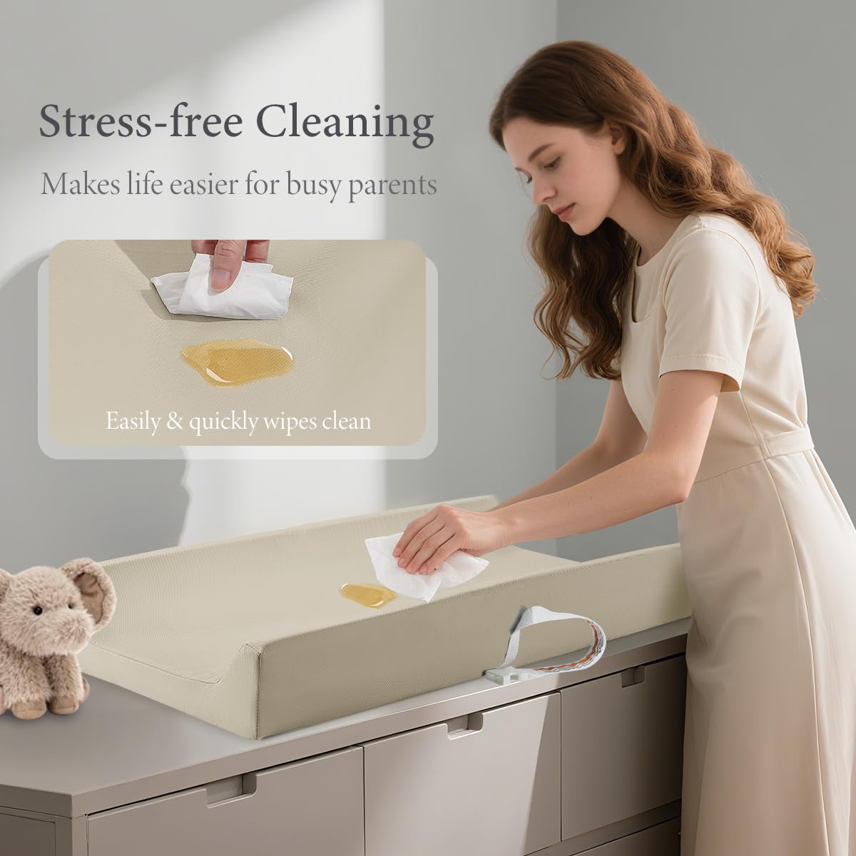 Baby Changing Pad, Waterproof & Wipeable Vegan Leather Diaper Changing Mat 31" x 16", Comfortable Soft Standard Size Infant Diaper Mat for Dresser and Table, Taupe (Beige)