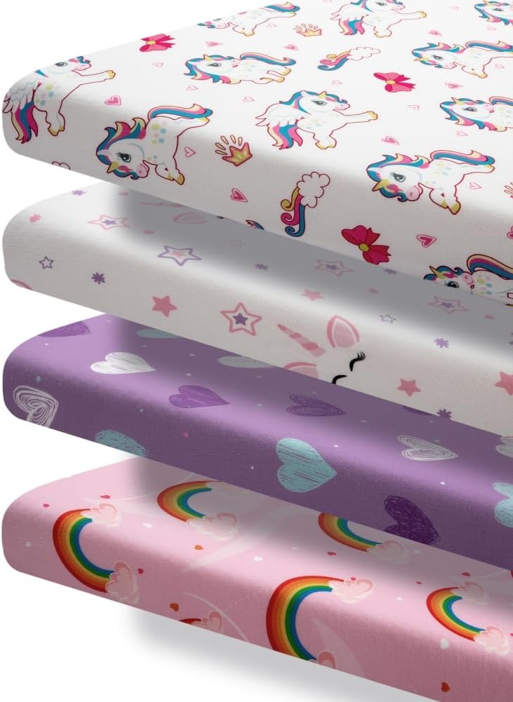 4 Pack Soft Baby Girl N Play Sheets for Mini Crib Mattress Unicron Rainbow Heart Cute Neutral Polyester Unisex Fitted Mini Crib Sheets Set for Baby Girls