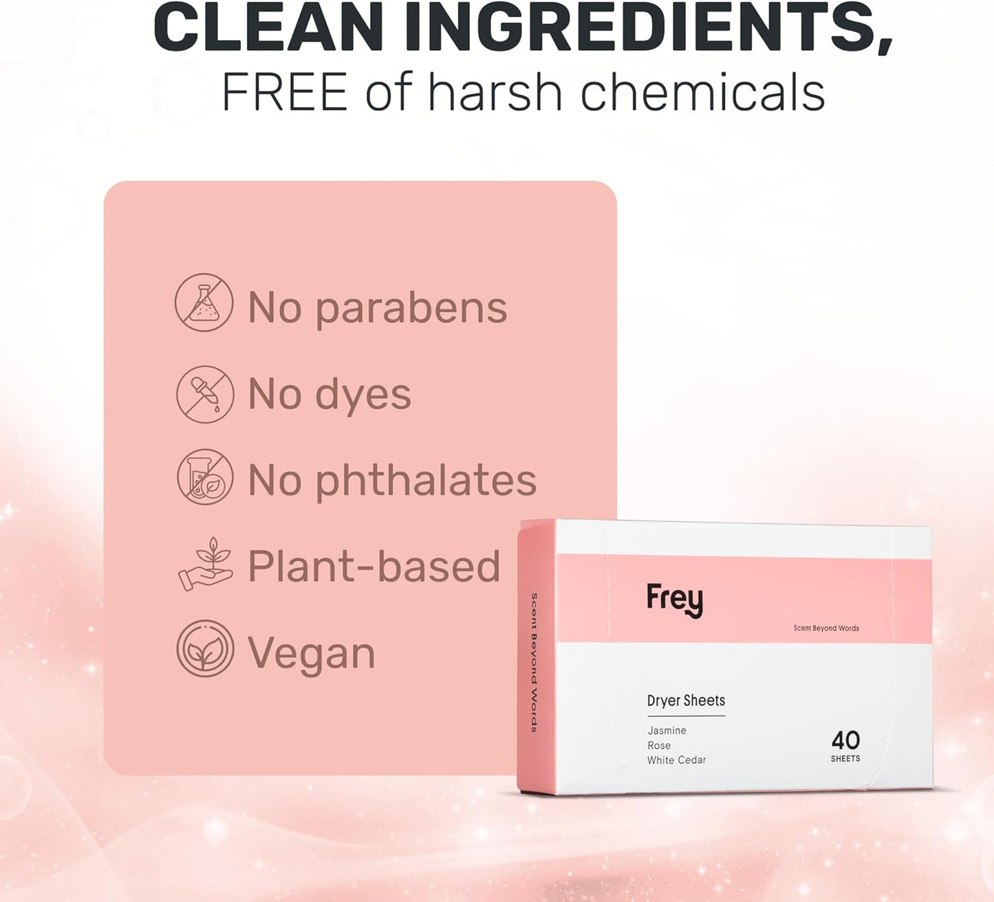 FREY Naturally Scented Dryer Sheets - Fabric Softener for Soft, Fresh & Clean Clothes (1-pack, Jasmine Rose)