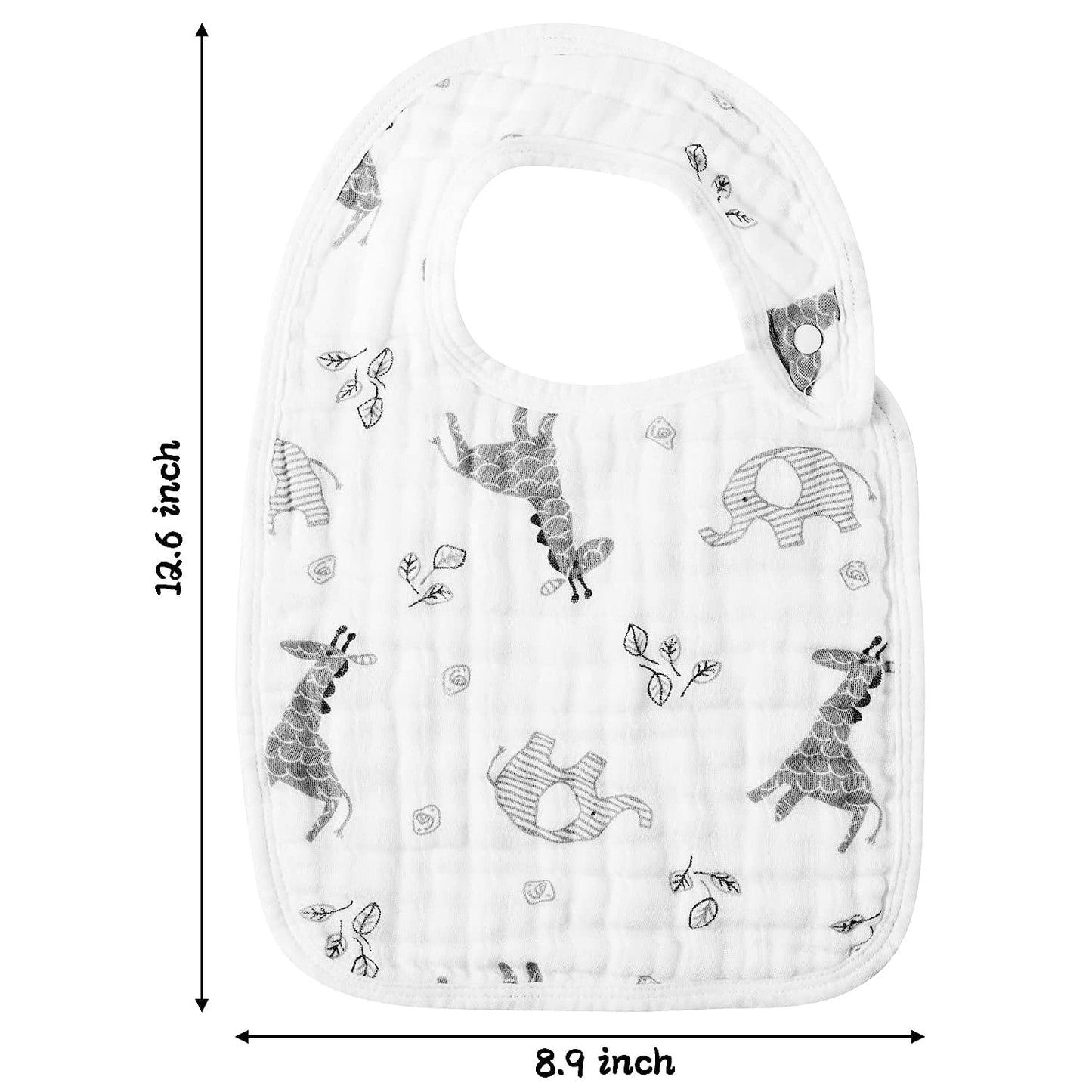 Zainpe 6Pcs Snap Muslin Bibs for Baby Machine Washable Adjustable Unisex Burp Cloths with 6 Absorbent Soft Layers, Animal Pattern Bib for Newborns Toddlers Infants 3 to 36 Months Drooling Teething
