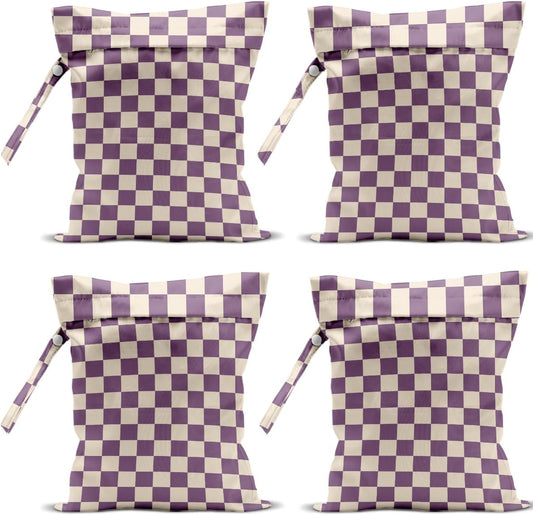4 Pack Cute Wet Bag Waterproof Washable Reusable Wet Dry Bag for Swimsuit Clothes Cloth Diaper Travel Beach Pool Yoga Gym Birthday Party Camping Toiletries Travel Beach Essentials, Purple Checkered