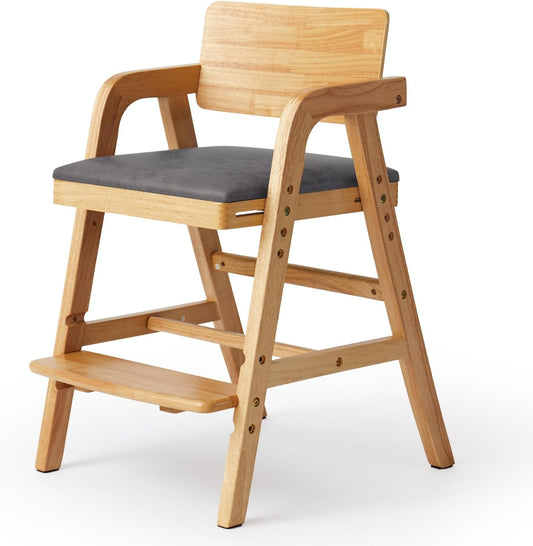 Solid Wood High Chair for Babies&Toddlers, Baby Highchair, Adjustable HighChair for Babies/Toddlers with Removable Cushion, Children Kids Dining Chair, Teens Study Chair with Steps (Natural)