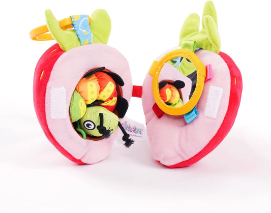 Jollybaby Newborn Plush Stuffed Fruit Rattle Toy for Stroller Car Seat Crib, Montessori Sensory Plush Strawberry Toy with Rattle and Mirro Toy for Baby 0-6-12 Month, Infant Baby Boy Girl Shower Gift