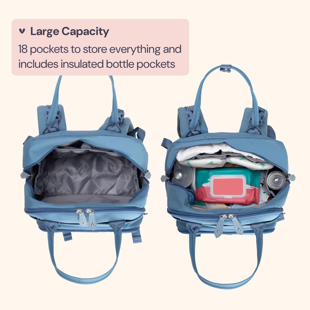 BabbleRoo Diaper Bag Backpack - Baby Essentials Travel Tote - Multi function Water Resistant Diaper Bag, Travel Essentials Baby Bag with Changing Pad, Stroller Straps & Pacifier Case - Light Blue