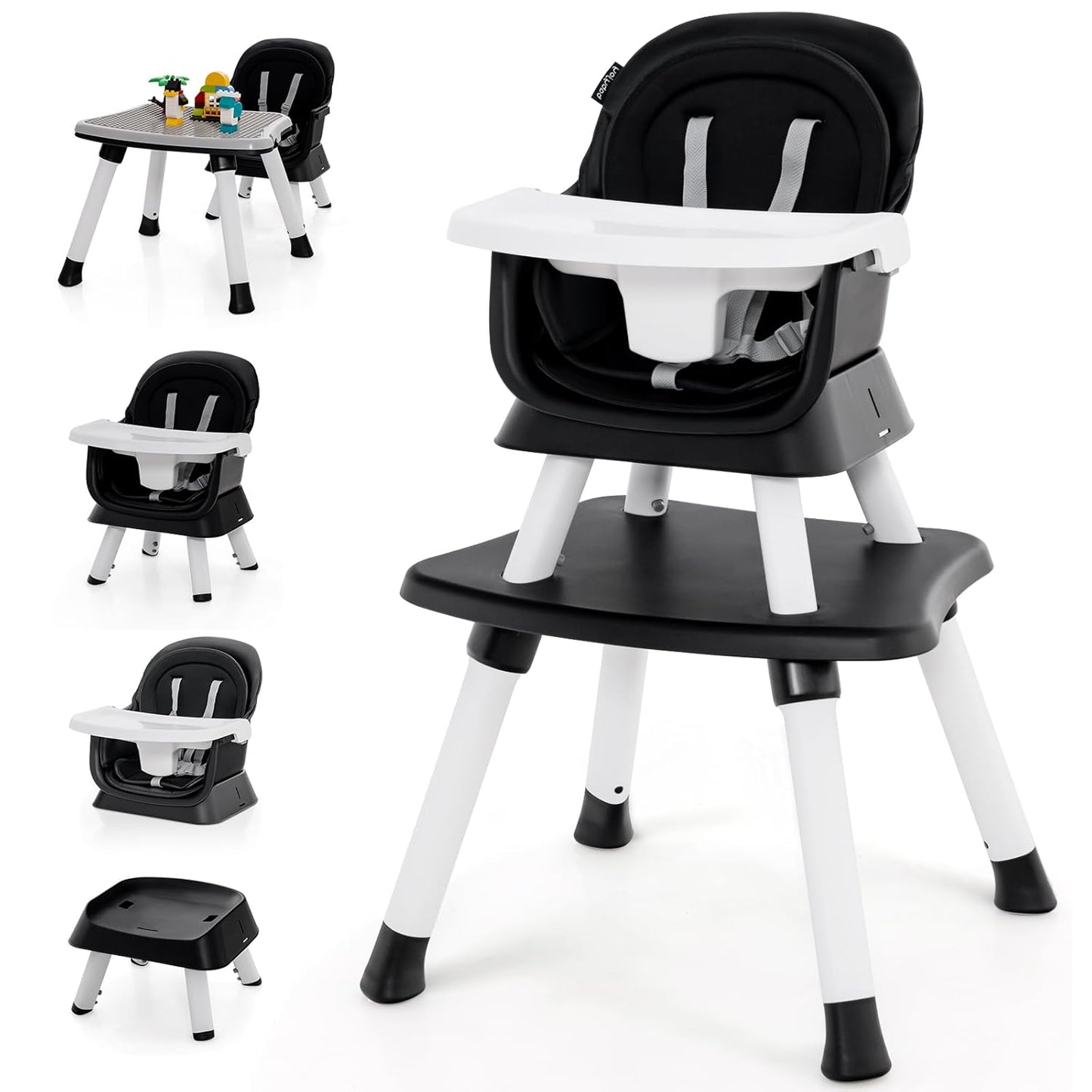 KOTEK Baby High Chair, 8 in 1 Convertible Highchairs for Babies and Toddlers, Building Block Table, Booster Seat, Toddler Chair with Removable Tray, Safety Harness, Dual Cushions (Black)