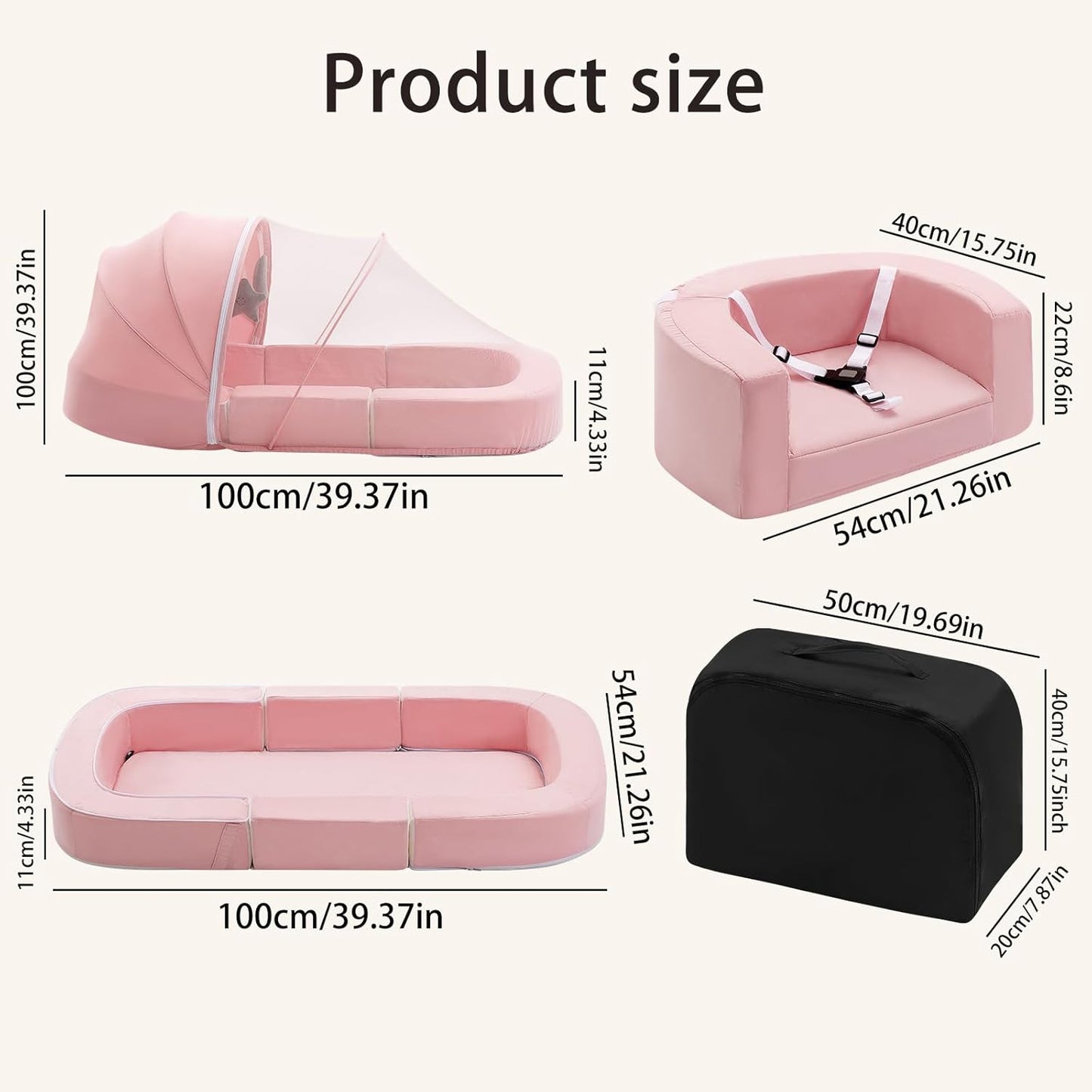 Todldler Baby Travel Bassinet Bed & Chair, Fold Out Sofa Couch Lounger with 2-1 Mosquito & Canopy, Foldable Portable Travel Cot with Foam Raised Safety Bumpers for Infant Toddlers 0-36 Months (Pink)