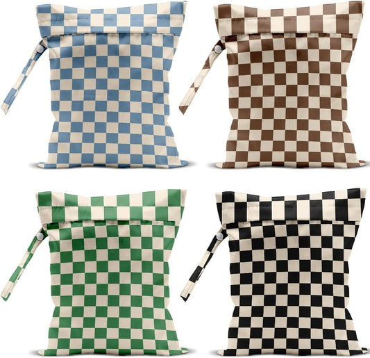 4 Pack Cute Wet Bag Waterproof Washable Reusable Wet Dry Bag for Swimsuit Dirty Clothes Diaper Travel Pool Sport Gym Christmas Birthday Party Camping Toiletries Beach Essentials, Colorful Checkered
