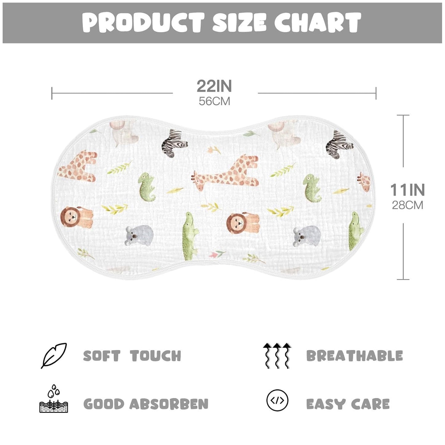 Muslin Baby Burp Cloths Set of 2, Soft Absorbent Safari Animals Muslin Washcloths, Bibs, Face Towel for Newborn Boys Girls, 22 x 11 Inch
