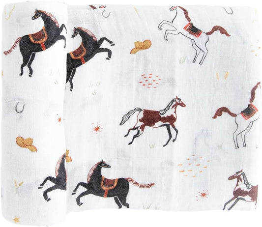 RED ROVR 100% Organic Cotton Muslin Swaddle | Newborn Receiving Blanket | Baby Wrap | Boy, Girl, Unisex | Soft, Lightweight, Breathable | Burping, Nursing | 44" x 44" | Howdy Horse