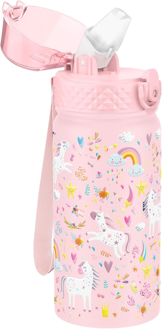 Kids Water Bottle, GOPPUS 14 oz Insulated Water Bottle with Straw, Double Vacuum Leakproof, BPA Free, for Boys and Girls,Pink Unicorn