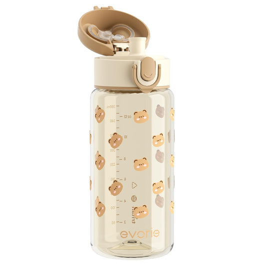 Evorie Kids Water Bottle for School, No Straw 13oz BPA Free Tritan Bottle, Leak Proof with Flip Top Lightweight for Outdoor (Honey Bear)