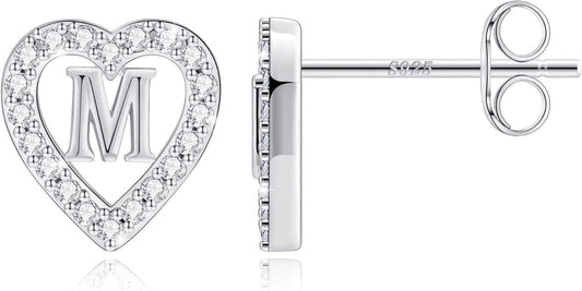 Anoup Christmas Gifts for Grandkids Girls Earrings - S925 Sterling Silver Post CZ Hypoallergenic Stud Heart Initial Earrings for Women Kids Jewelry Stocking Stuffers for Teen Girls Birthday Gifts