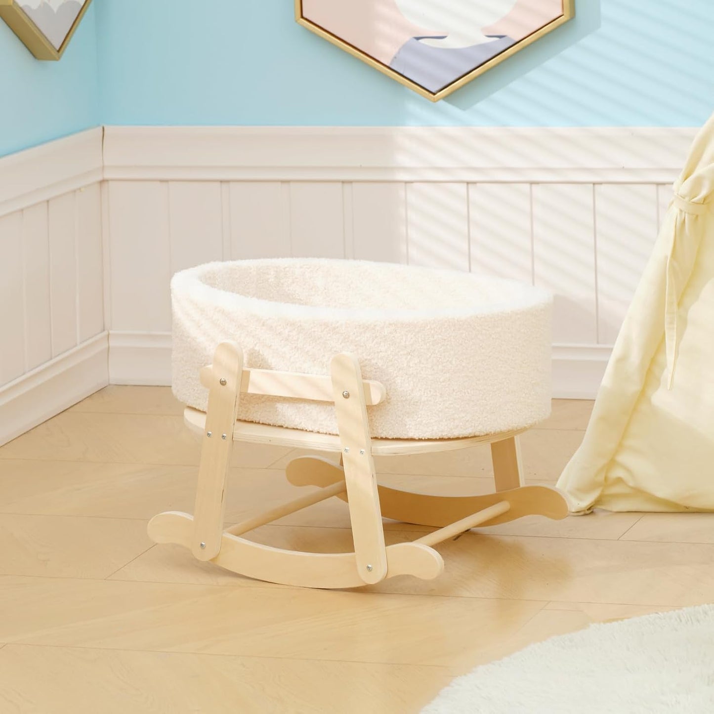 Wooden Baby Doll Crib, Baby Doll Bed Toys for Cat Dog, Wooden Boucle Bassinet for Dolls Up to 16 Inch, Doll Accessories with Mattress and Bassinet, Gift for Boys & Girls