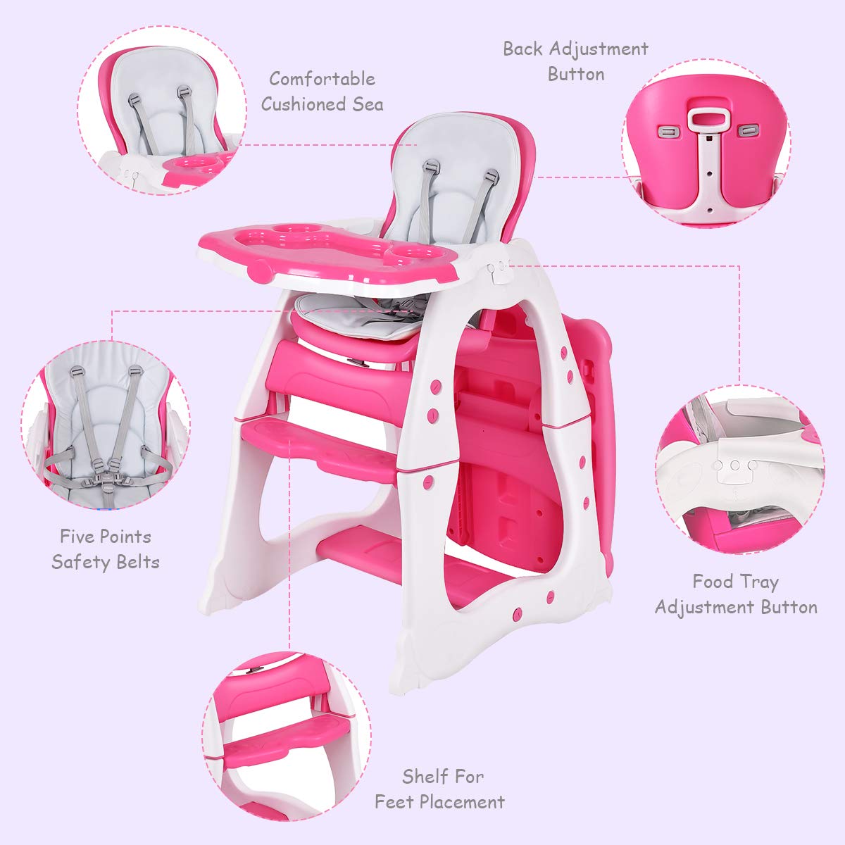 Costzon Baby High Chair, 3 in 1 Infant Table and Chair Set, Convertible Booster Seat with 3-Position Adjustable Feeding Tray, Adjustable Seat Back, 5-Point Harness (Pink)