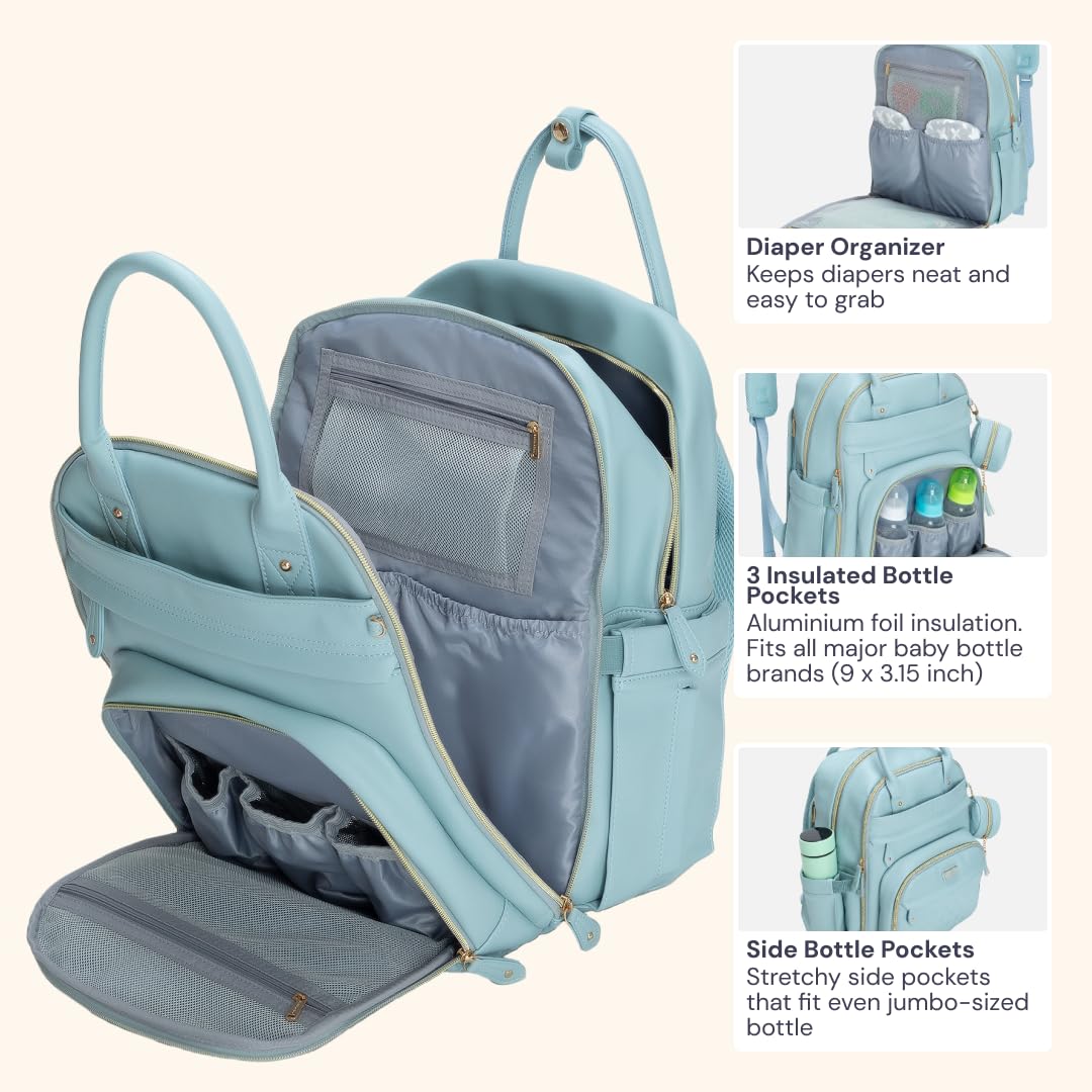 BabbleRoo Leather Diaper Bag Backpack - Baby Essentials Travel Baby Bag, Multi function, Water Resistant, with Changing Pad, Stroller Straps & Pacifier Case – Unisex, Powder Blue