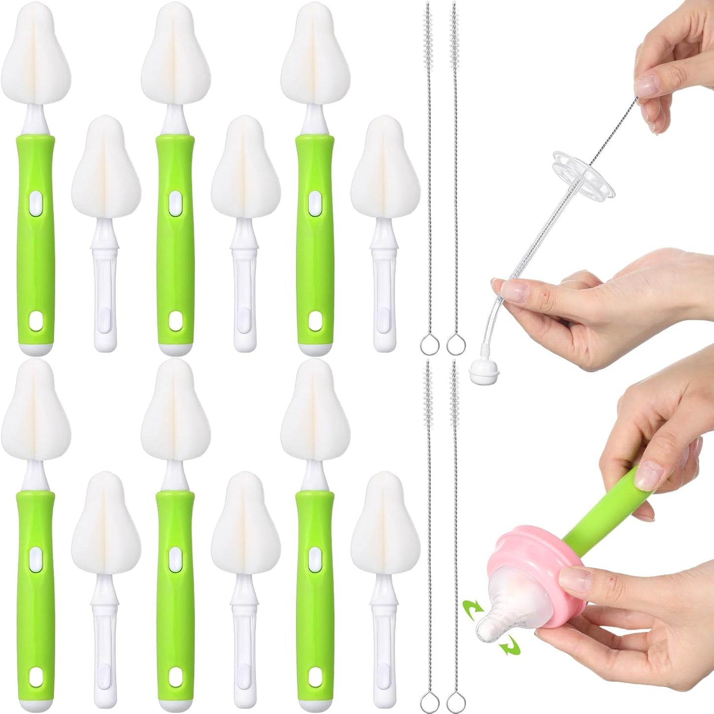 22 Pcs Sponge Bottle Nipple Brushes Set Including 12 Pcs Bottle Sponge Brush Heads 6 Interchangeable Nipple Brush Handles and 4 Long Straw Brushes for Baby Bottles