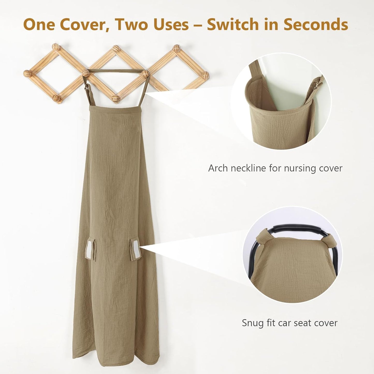 Hooyax 2-in-1 Baby Car Seat Cover & Nursing Cover, 100% Muslin Cotton, Breathable Car Seat Canopy and Privacy Breastfeeding Cover, Brown