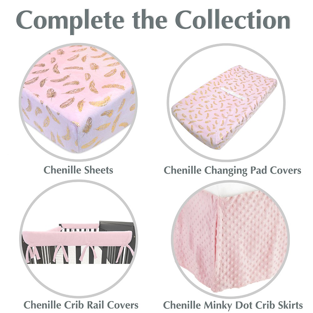 American Baby Company Heavenly Soft Chenille Fitted Contoured Changing Pad Cover, Sparkle Gold Feather on Solid Pink, for Girls