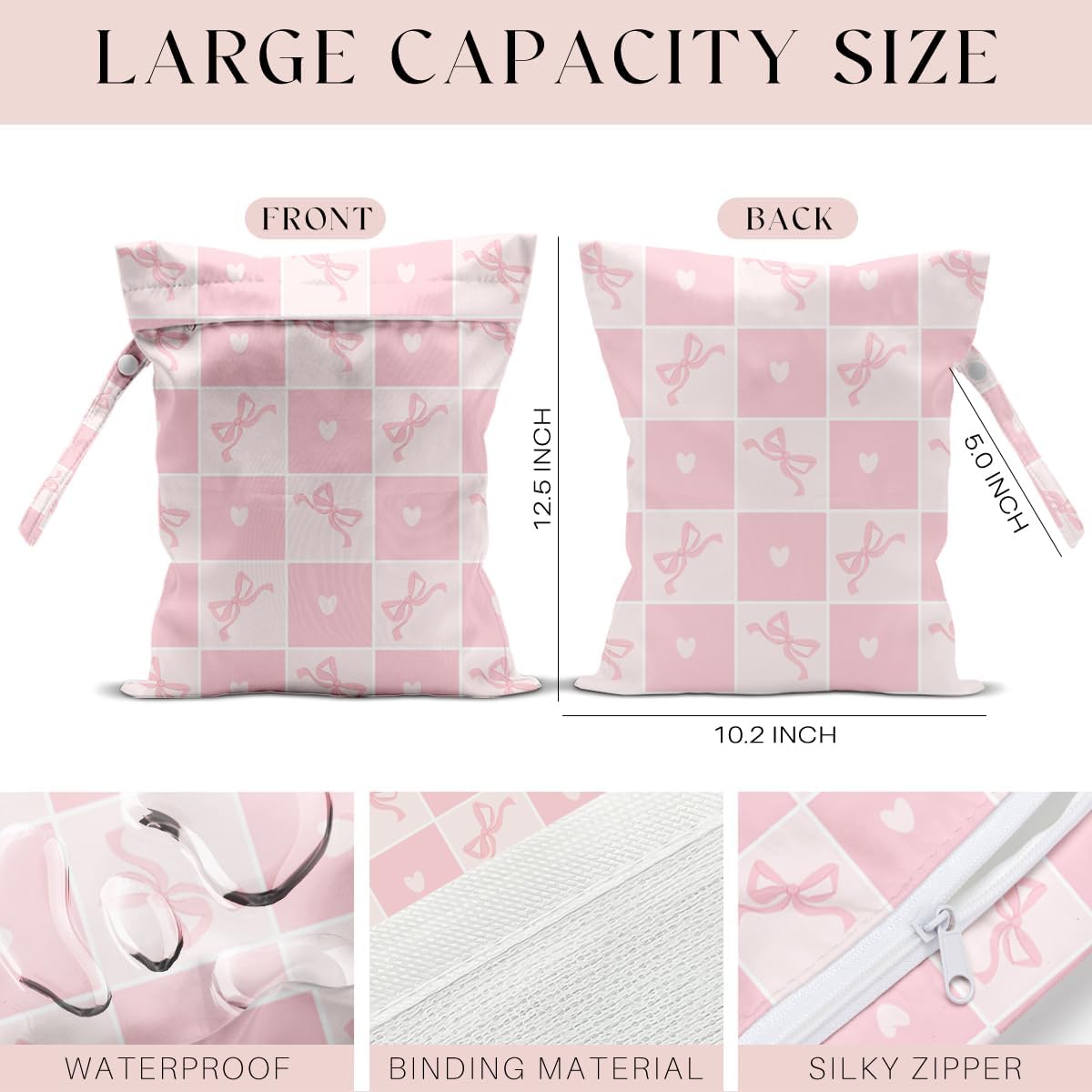 Wet Bag for Swimsuit, Beach Travel Essentials Wet Dry Bag, for Sunscreen Toiletry Dirty Clothes Yoga Gym Diaper, Friends Summer Beach Vacation Gifts. Pink plaid bow