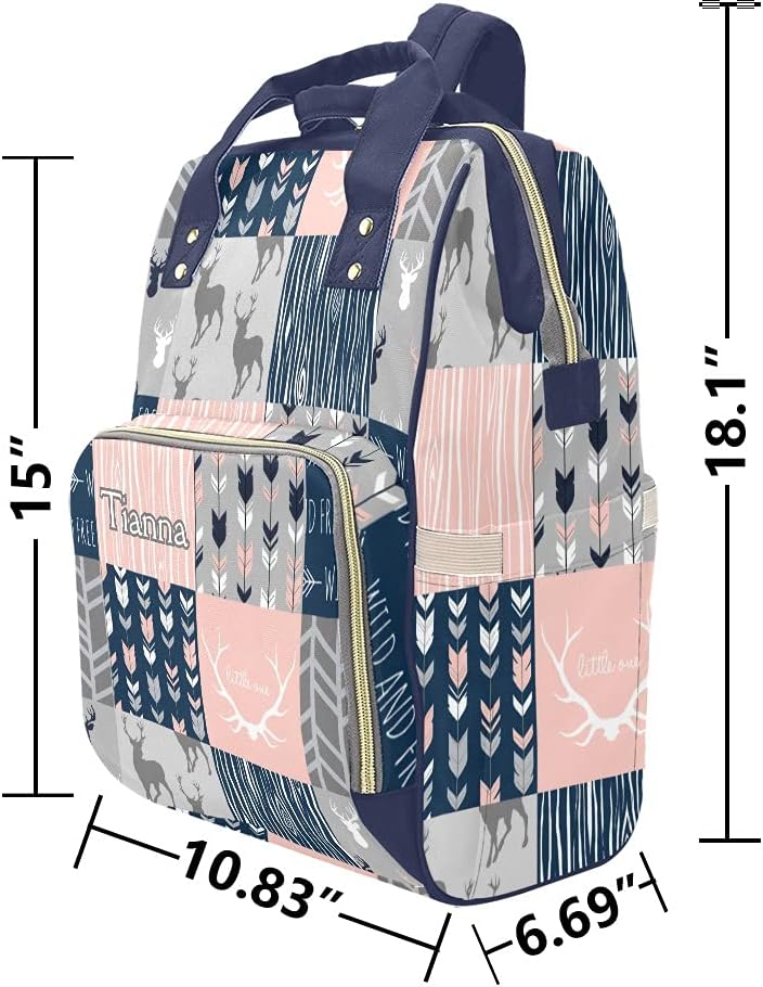 Antlers Elk Deer Feather Arrow Patchwork Blue Diaper Bags with Name Waterproof Mummy Backpack Nappy Nursing Baby Bags Gifts Tote Bag for Women