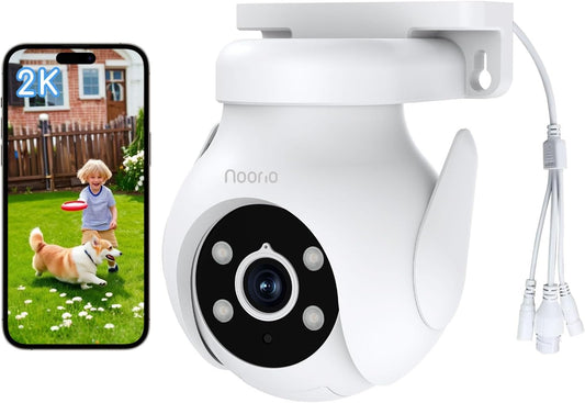 Noorio 2K Security Camera Outdoor 360° Pan/Tilt, Two Way Talk Wired Outdoor Camera for Home Surveillance, 24/7 Recording, Color Night Vision, Cloud & SD Card Storage, Compatible with Alexa, 2.4G WiFi