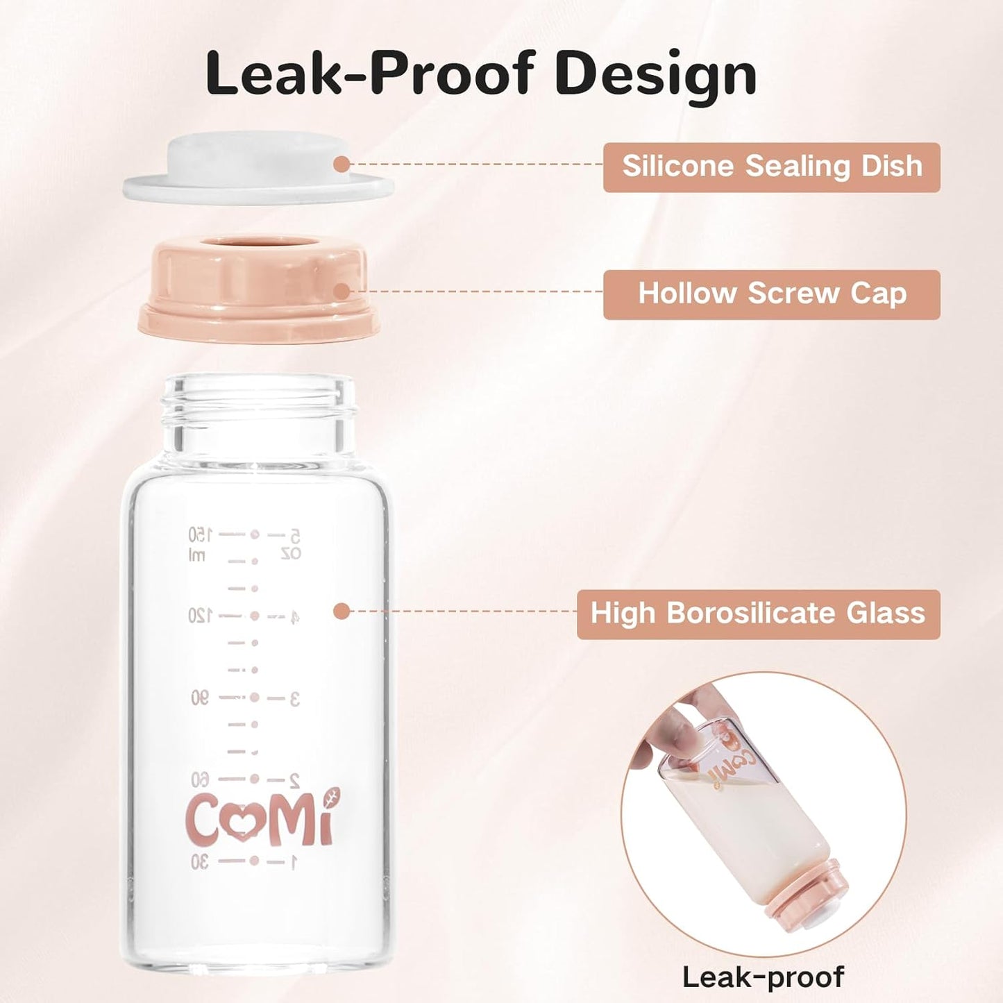 COMI Natural Glass Baby Bottle,Standard Neck Breastmilk Storage Bottle for Fridge,Breast Milk Container,Breast Pump Bottle Compatible with Medela Breast Pump,BPA Free,4PCS (5oz, 2 Gray+2 Pink)
