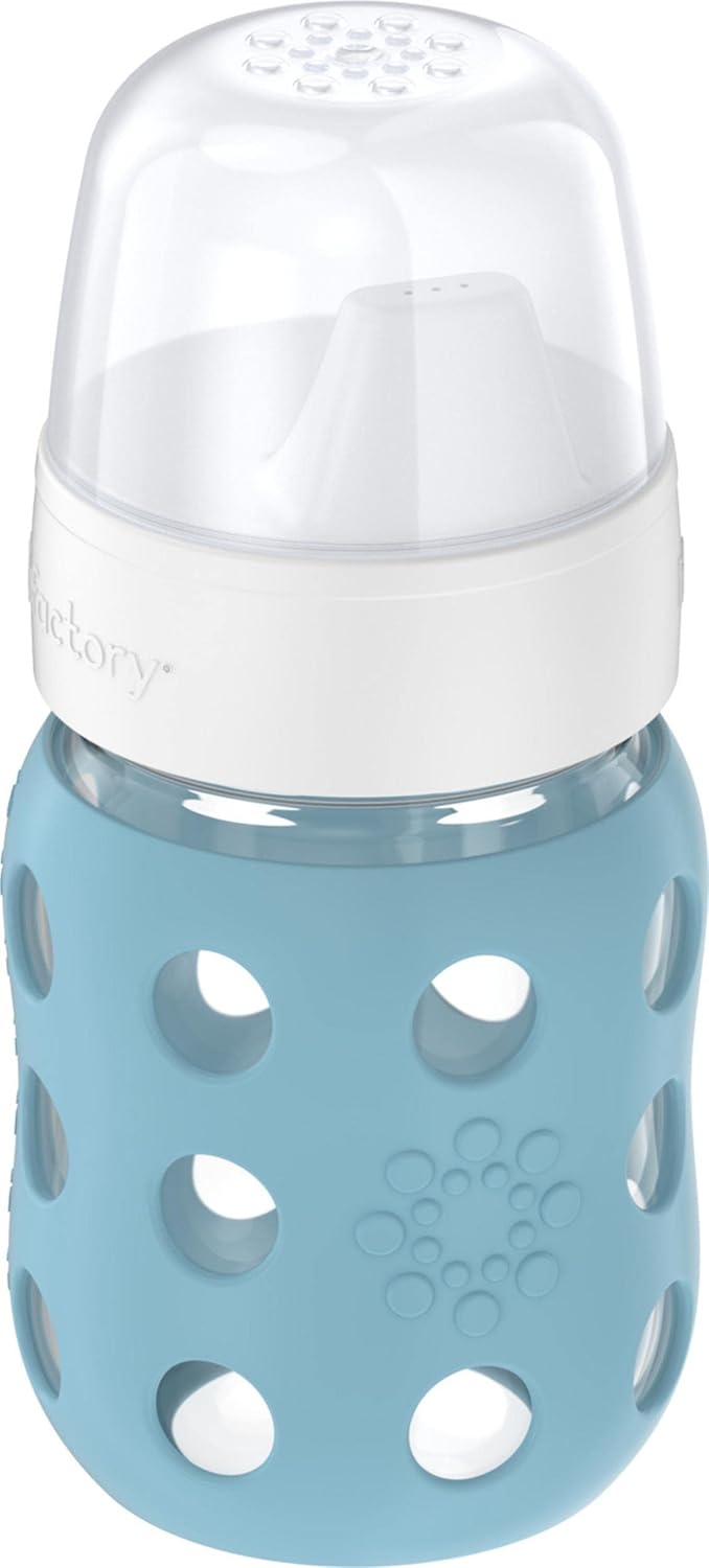 Lifefactory 8-Ounce Wide Neck Glass Baby Bottle with Protective Silicone Sleeve and Hard Sippy Spout, Denim (LG2221WDE4)