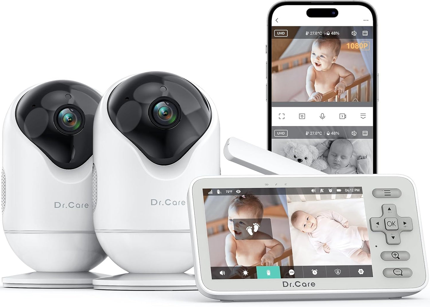 Dr.Care VistaView Lite Smart WiFi Baby Monitor with 2 Cameras- 4” 720P Split Screen & 1080P Camera App Control, Motion Alerts, Night Vision, 3000mAh Battery, 2-Way Talk, Triple Security, 1000ft Range