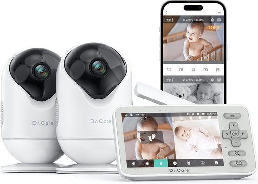 Dr.Care VistaView Lite Smart WiFi Baby Monitor with 2 Cameras- 4” 720P Split Screen & 1080P Camera App Control, Motion Alerts, Night Vision, 3000mAh Battery, 2-Way Talk, Triple Security, 1000ft Range