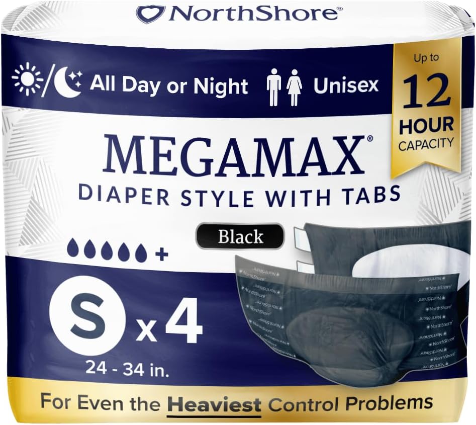 NorthShore MegaMax Adult Overnight Diapers, 12-Hour Tab-Style, Small, 4 Count Starter Pack, Black, 24-34 inches, Unisex Incontinence Underwear