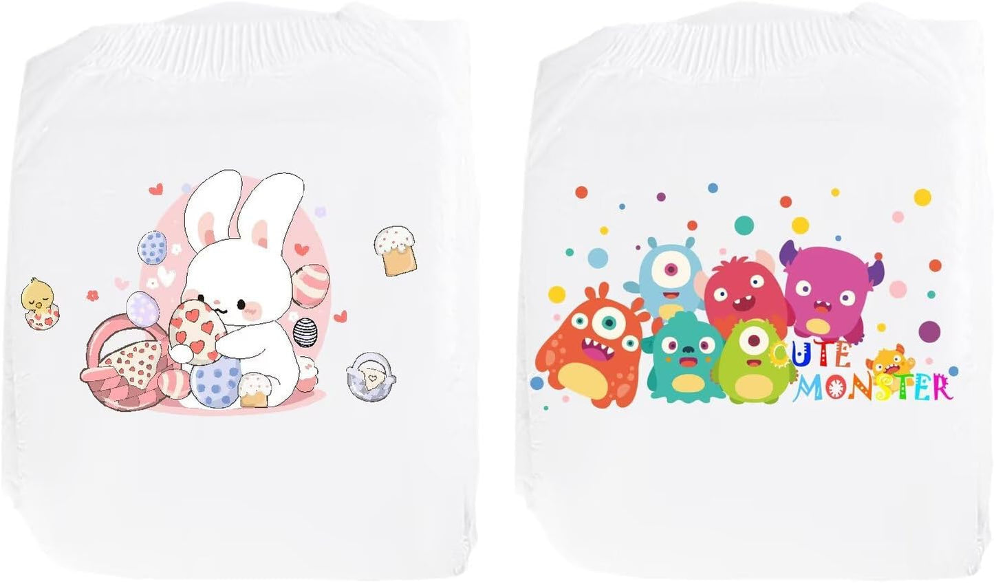 Landofgenie Adult Diapers with Tabs Unisex Overnight High Absorbency Diapers Pack of 2 (Large 36"- 46") - Happy Bunny and Little Monster