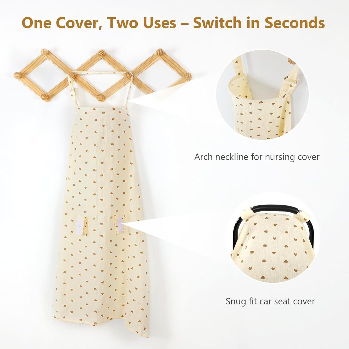 Hooyax 2-in-1 Baby Car Seat Cover & Nursing Cover, 100% Muslin Cotton, Breathable Car Seat Canopy and Privacy Breastfeeding Cover, Tiny Heart