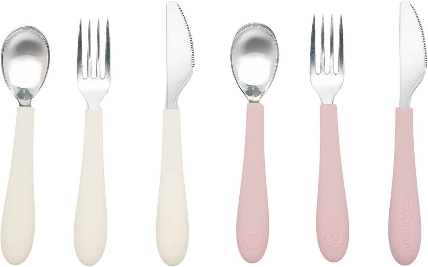 Kids Stainless Steel Utensils Set - Premium 18/8 Grade Silverware Kit - 2 Spoons, 2 Forks, and 2 Knives for Ages 4-7 - Silicone Easy-Grip Handles - Children Flatware Cutlery (Matte - Pink, Off White)
