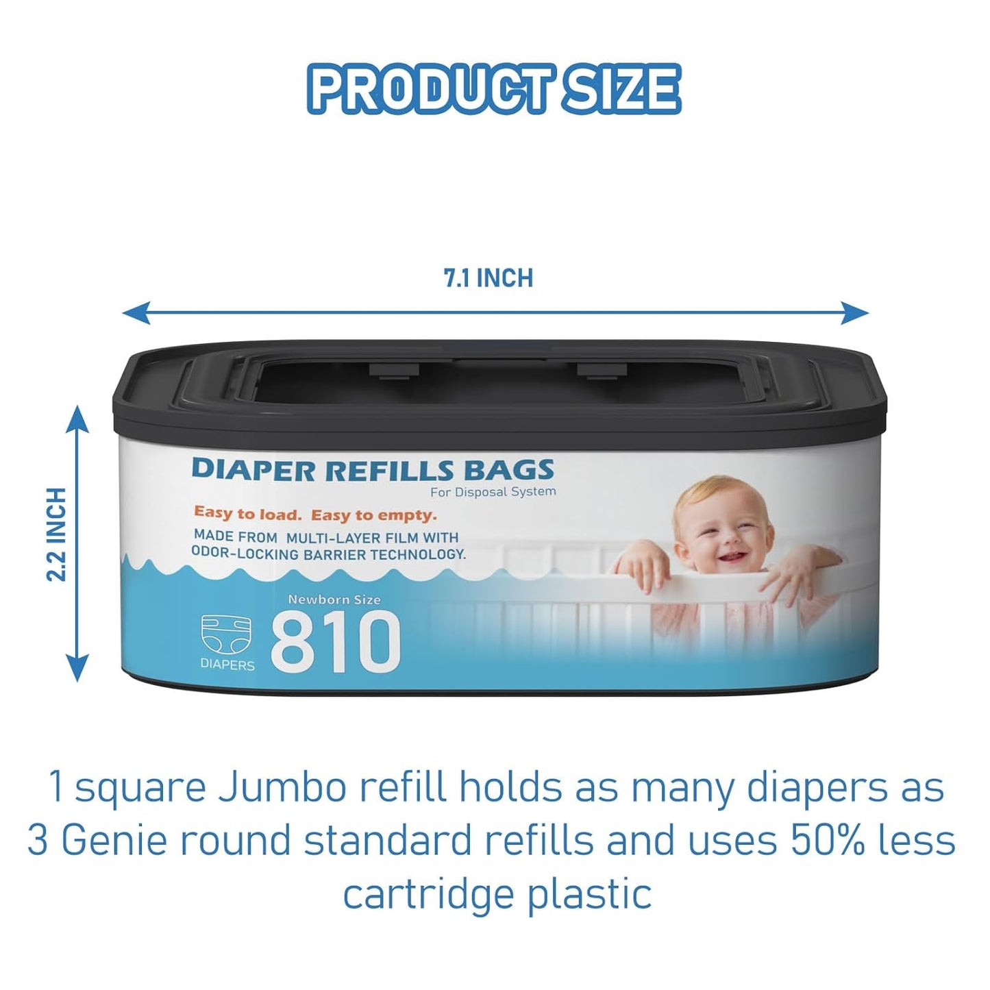 Jumbo Square Refills Disposal Bags Refill Compatible with Diaper Genie Compact and Select Pails (Not Fit Classic Version Pails), Hold Up to 810 Newborn-Sized Diapers Per Refill, Pack of 5
