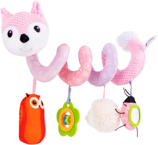 Jollybaby Crib Stroller Car Seat Toys for Baby 0-3-6-9-12 Months, Tummy Time Hanging Sensory Toys for Newborn with Music Box and Teether, Spiral Carseat Toy for Infant Boys Girls Gifts (05-Pink Fox)