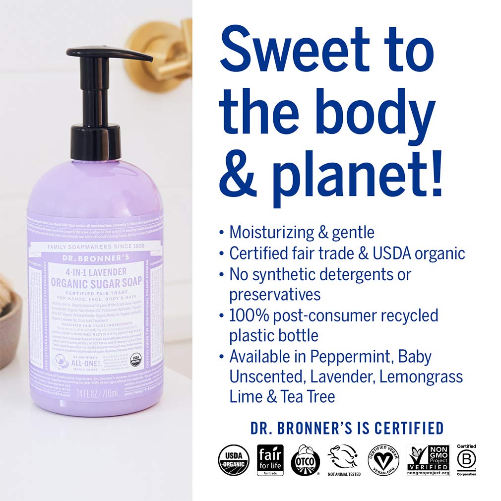 Dr. Bronner's Organic Sugar Soap (Lavender, 64 Ounce)- Made with Organic Oils, Sugar & Shikakai Powder, 4-in-1 Uses: Hand and Body Wash, Face, Hair- Cleanses, Moisturizes, Nourishes, Vegan