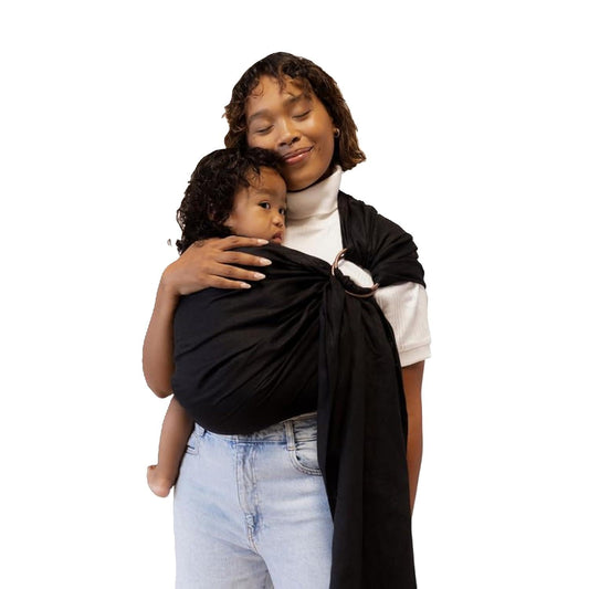 WildBird - Ring Sling Baby Carrier - Newborn to Up to 35 lbs - for Moms, Dads & Caregivers - 100% Natural European Linen Fibers - Versatile & Adjustable - 74” Size - Raven Fabric & Gold Ring