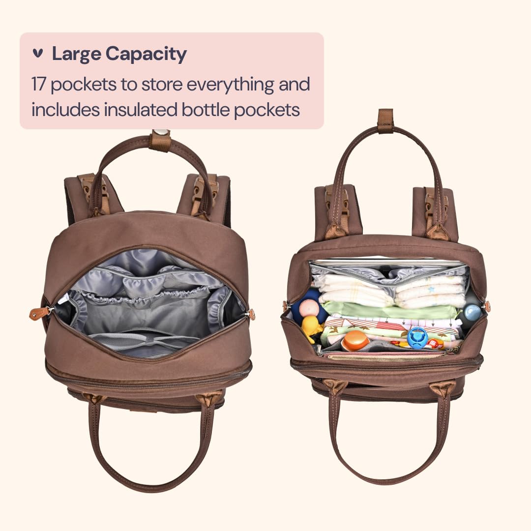 BabbleRoo Diaper Bag Backpack - Baby Essentials Travel Tote - Multi Function Water Resistant Diaper Bag, Travel Essentials Baby Bag with Changing Pad, Stroller Straps & Pacifier Case - Unisex, Brown