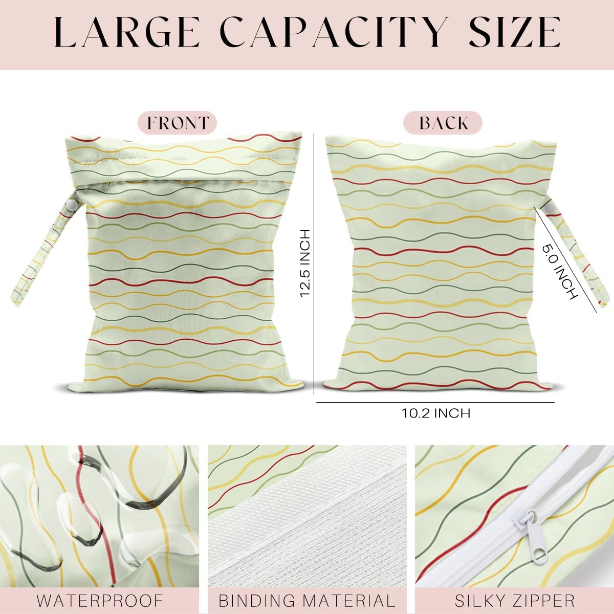 Wet Bag for Swimsuit, Beach Travel Essentials Wet Dry Bag, for Sunscreen Toiletry Dirty Clothes Yoga Gym Diaper, Friends Summer Beach Vacation Gifts. Colorful wavy stripes