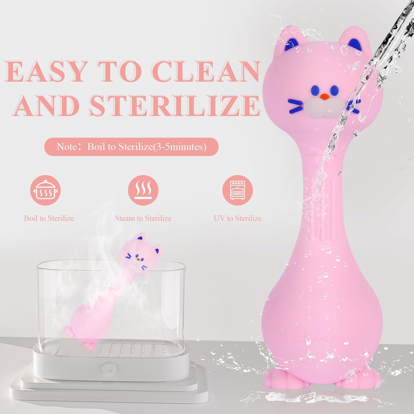 Baby Rattle Teething Toys Cat Silicone Teether Rattles for Baby 0-36 Months Food Grade Silicone (Pink)