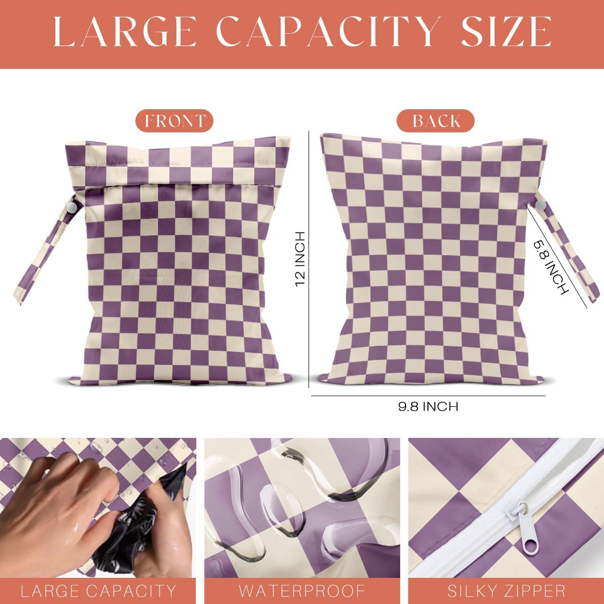 4 Pack Cute Wet Bag Waterproof Washable Reusable Wet Dry Bag for Swimsuit Dirty Clothes Diaper Travel Pool Yoga Gym Christmas Birthday Party Camping Toiletries Beach Essentials, Colorful Checkered