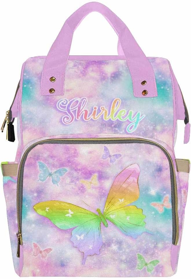 Customized Diaper Bags For Baby For Outdoor Shopping Customized Newborn Gift Princess Daycare Bag Personalized Back Pack Mommy Bag, Rainbow Butterflies