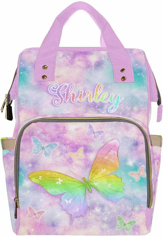 Customized Diaper Bags For Baby For Outdoor Shopping Customized Newborn Gift Princess Daycare Bag Personalized Back Pack Mommy Bag, Rainbow Butterflies
