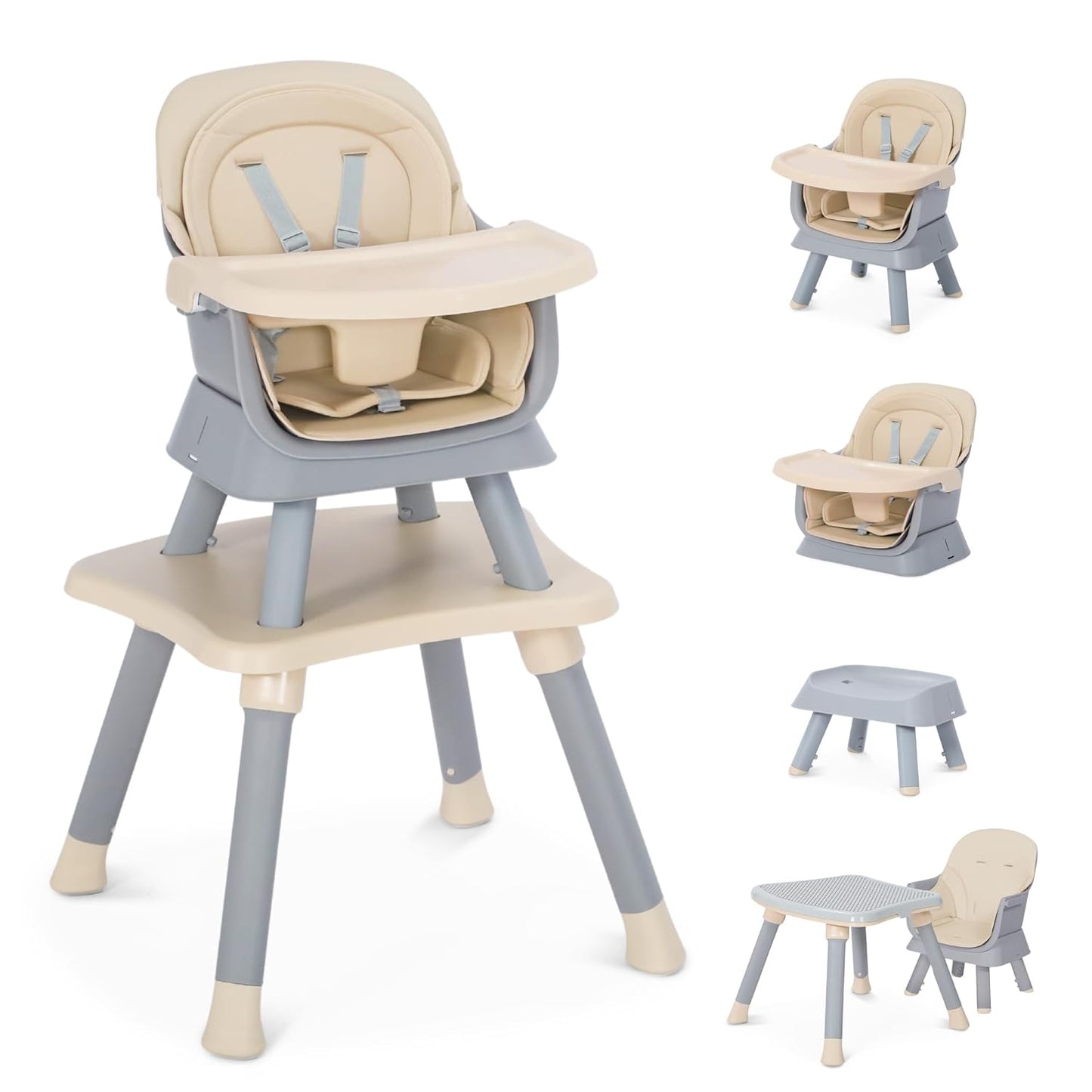 8 in 1 Baby Highchair, Convertible High Chair for Babies and Toddlers, Booster Seat w/5-Point Safety Belt, Toddler Building Block Table, Dishwasher Safe Tray, No Tool Install, Coffee