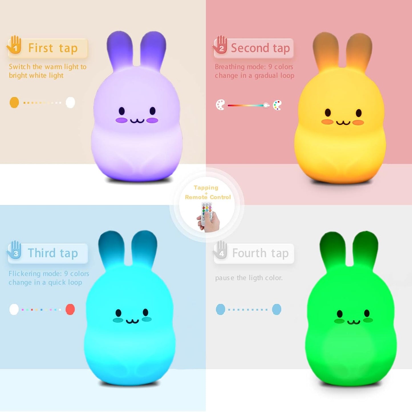 WHA&DARREN Large Rabbit Night Light for Kids,Cute Baby Night Light, Silicone Bedside Lamp,Sleep LED Lights, Eye Caring, Adjustable Brightness & Color, Time Setting, Touch Control & Remote Control