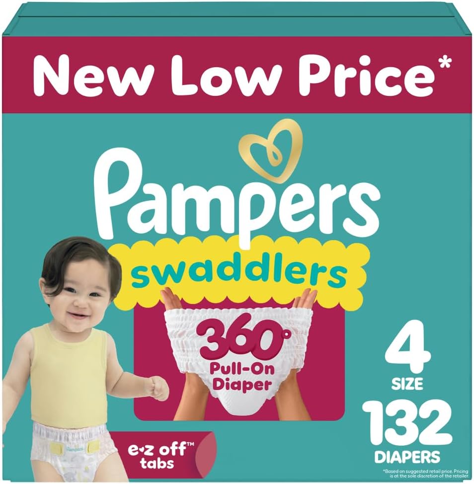 Pampers Diapers - Swaddlers 360° - Size 4, 132 Count, up to 100% Leakproof Comfy Dry Fit, Designed for Easy Changes, Pull On Baby Diaper (Packaging May Vary)