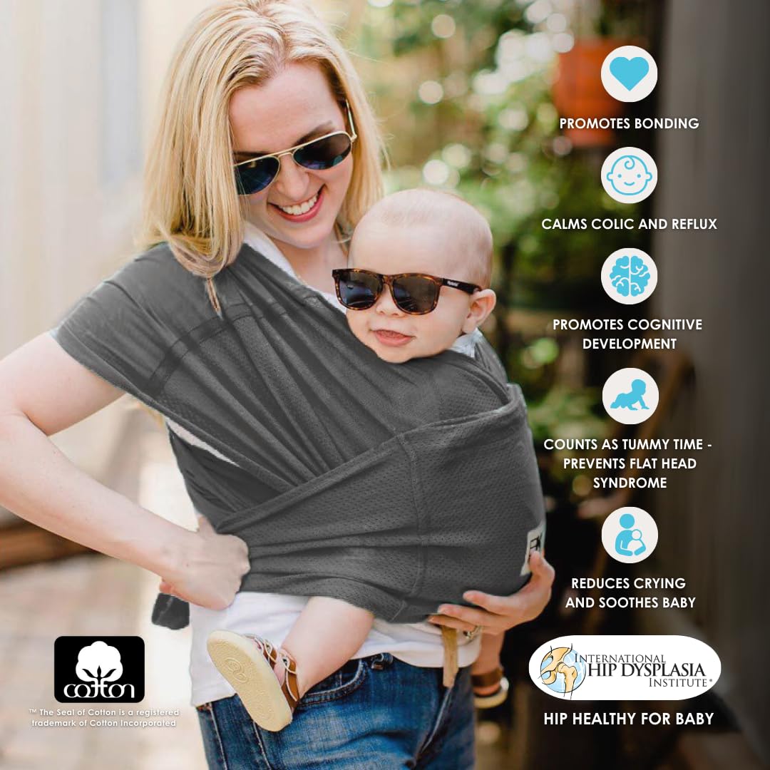 Breeze Baby K'tan Baby Carrier, #1 Easy Pre-Wrapped Baby Sling Gift | Breathable 100% Cotton Mesh | Hands Free Wrap for Infants | No Rings Or Buckles | Charcoal | Large