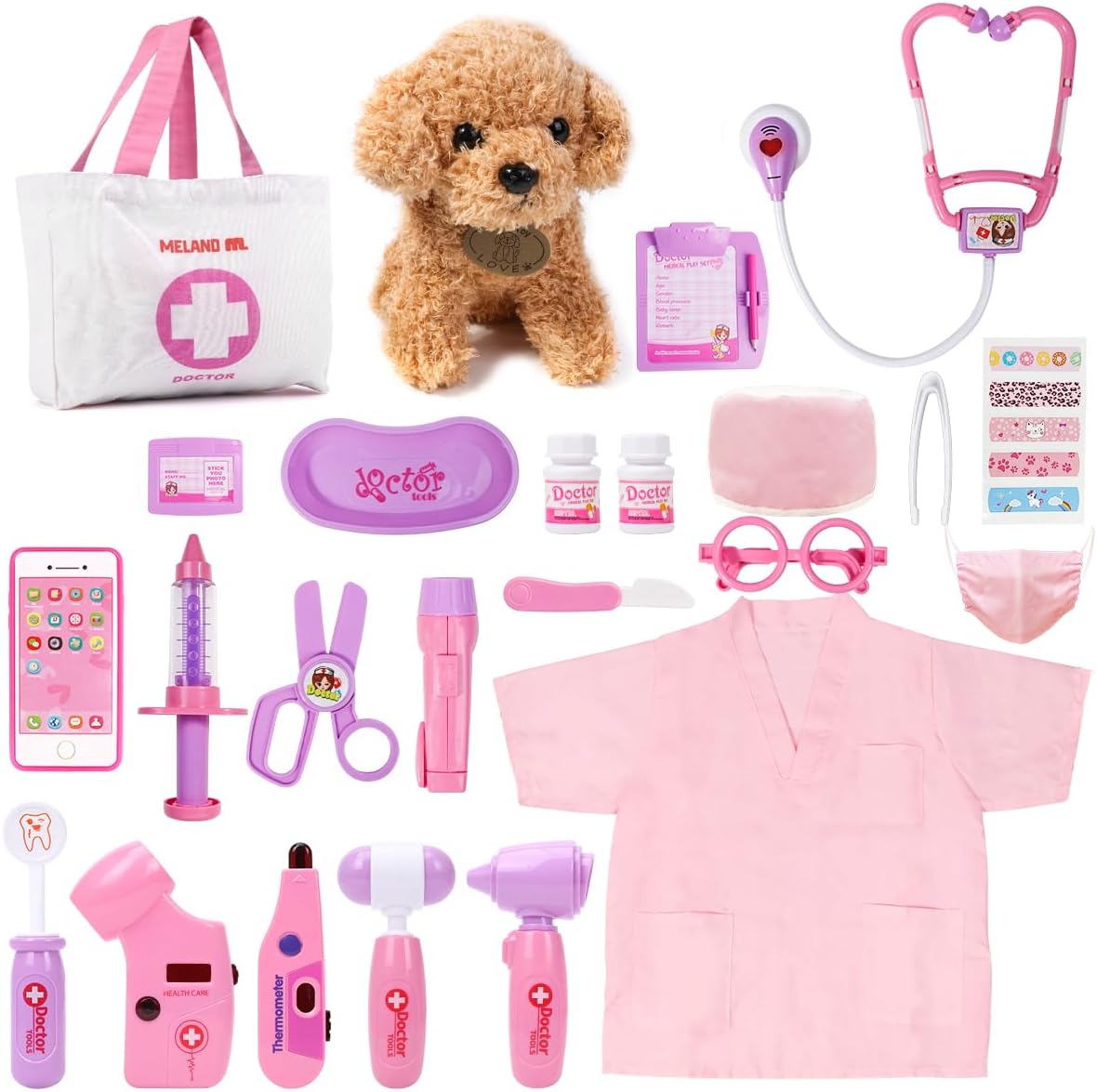 Meland Toy Doctor Kit for Girls, Pretend Play Toy Doctor Set with Dog , Carrying Bag, Stethoscope & Dress Up Costume Gift for Kids Toddlers Ages 3 4 5 6 Year Old for Role Play